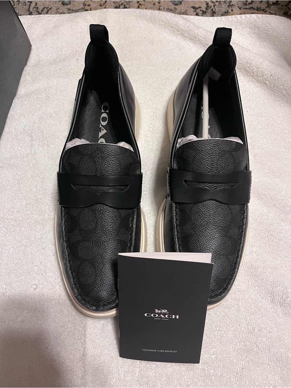 Coach Black Leather Penny Slip-On Loafers with White Soles- Men’s Size 8